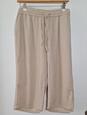 Neutral Beige Linen Elastic Waist Drawstring Capris  M